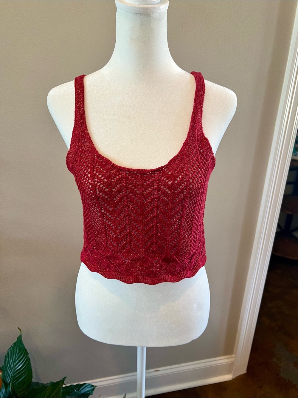 Flying Tomato Wine Red Openwork Knit Cropped Tank with Sparkle boutique